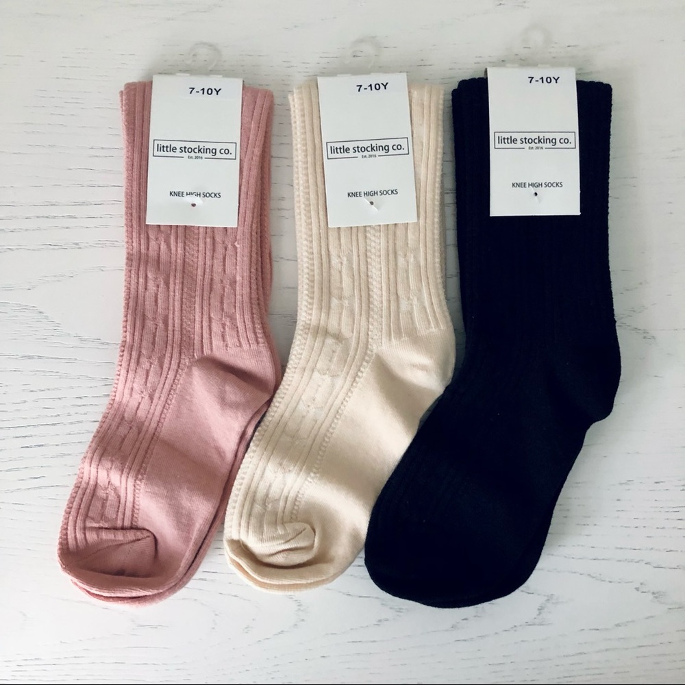 Little Stocking Co Knee High Cable Knit Girls’ Socks, Set of 3